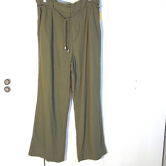 Badgley Mischka  Green Linen Wide Leg Pants Adjst Waist Boho Lagenlook  Sz.L - Picture 1 of 16
